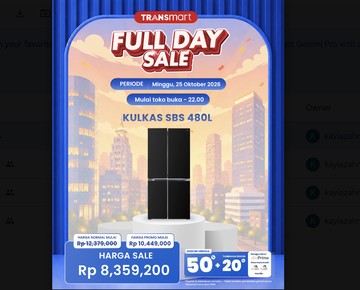 Harga Super Hemat Kulkas SBS 480L di Transmart Full Day Sale!